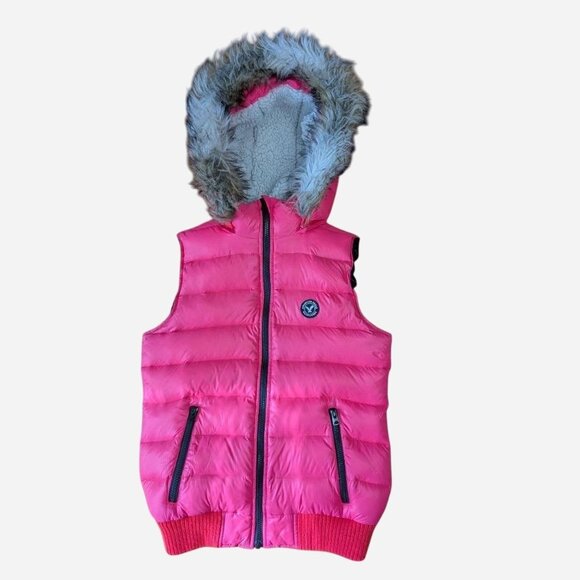 American Eagle Outfitters Feather Down Puffer Vest Pink Faux Fur Hood l‎ Small - Picture 1 of 8